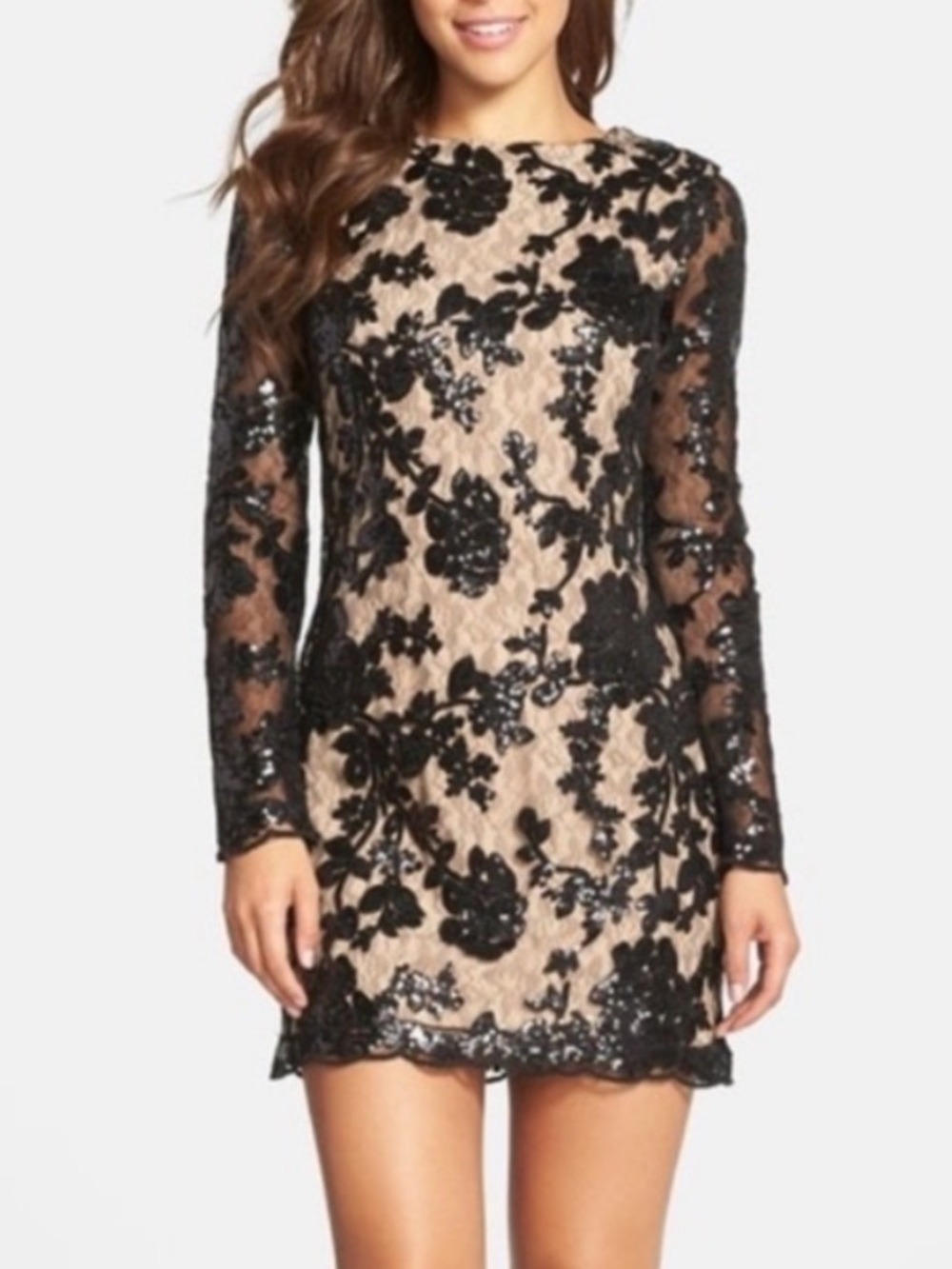 Dress the Population Grace Mini Black Cocktail Dress Long Sleeve Sequin Lace XL